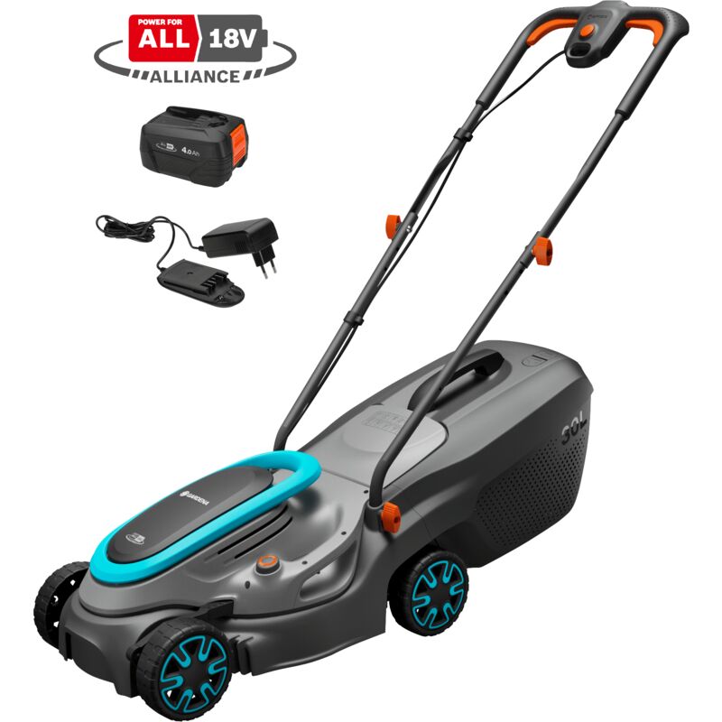 foto del prodotto gardena tagliaerba a batteria 18v powermax, superfici fino a 200 m2, larghezza taglio 32 cm, batteria inclusa power for all 14632 20 