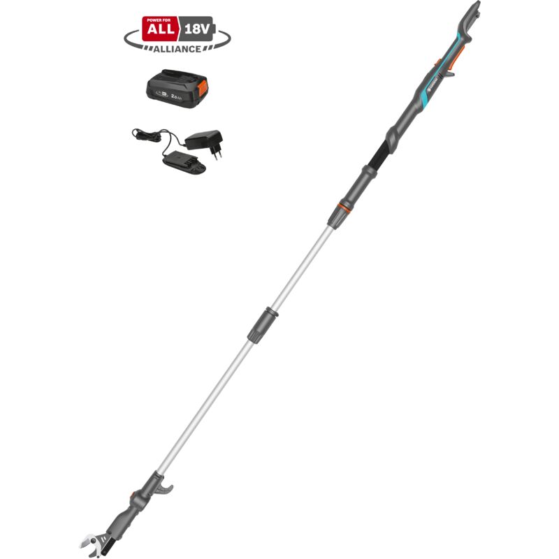 foto del prodotto gardena troncarami telescopico a batteria highcut 250 taglio rami fino 28mm, lunghezza regolabile 210 250 cm, inclusa batteria 18v power for