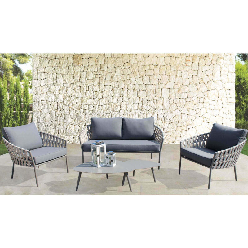 foto del prodotto gardeness salotto da giardino 4 posti in alluminio rivestito in corda con cuscini e 2 tavolini bassi brooklyn