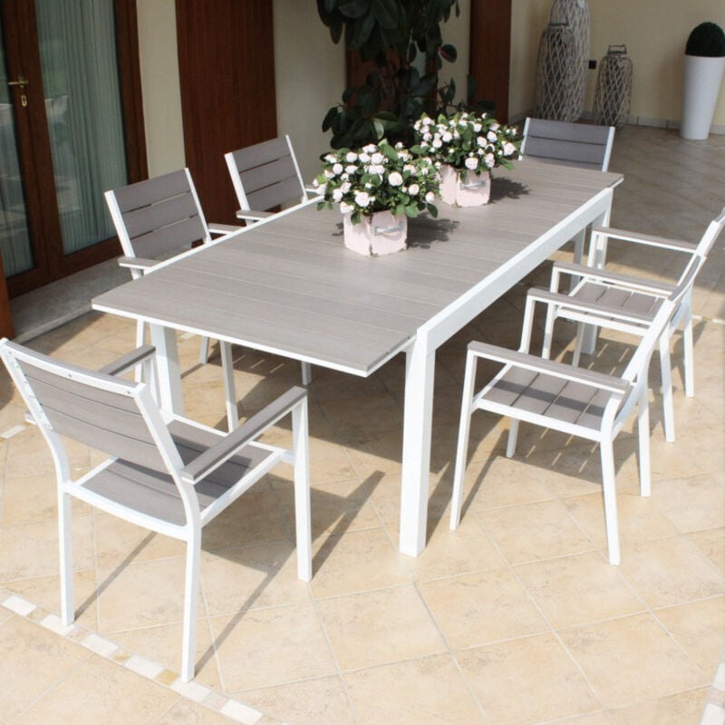 foto del prodotto gardeness sedia poltrona impilabile da esterno in alluminio con seduta e schienale in polywood effetto doghe futy white