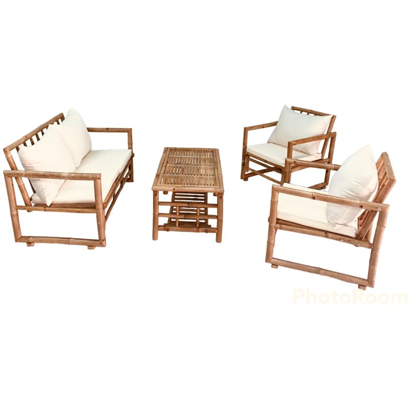 foto del prodotto gardenia salotto hanoi, in bamb composto da 1 tavolo 90x50xh.45 cm 1 panca 115x65xh.72 cm 2 poltrone 60x65xh.72 cm, tessuto colore ecru 300gr m2