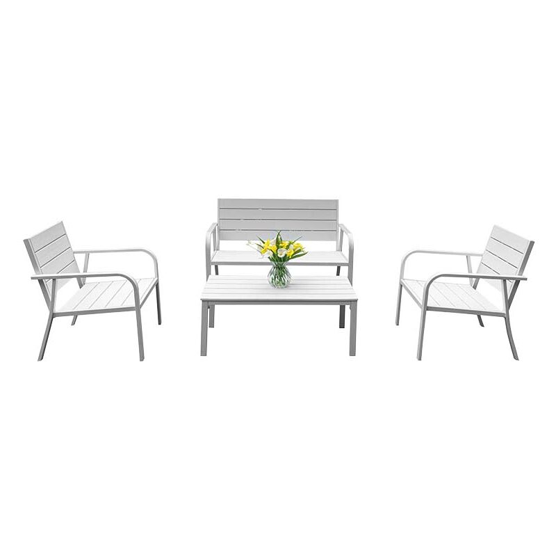 foto del prodotto gardenia set maui, salottino in plastica, struttura in acciaio, 2 poltrone, 1 divanetto e 1 tavolino, bianco