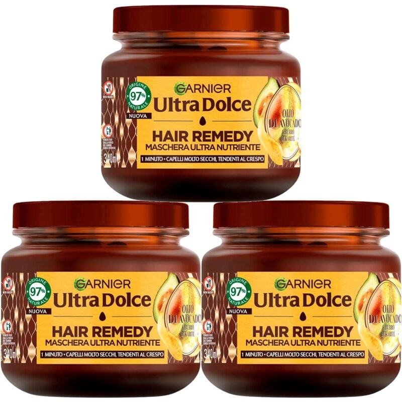 foto del prodotto garnier ultra dolce 3 maschere nutriente per capelli secchi e crespi in 1 minuto avocado e burro di karit 340 ml