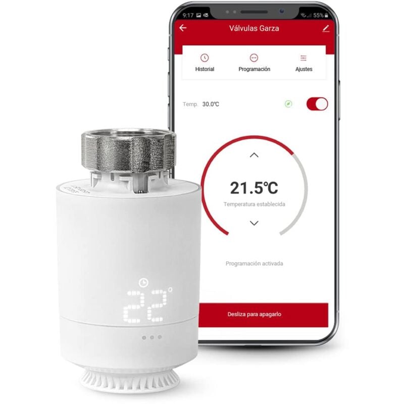 foto del prodotto garza testina termostatica intelligente zigbee per radiatore, controllo riscaldamento, display led, programmabile, app, alexa, google, bianco