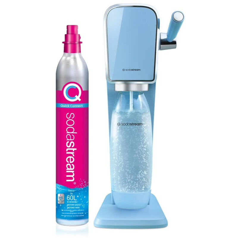 foto del prodotto gasatore sodastream art misty blue con bottiglia e ricarica sodastream