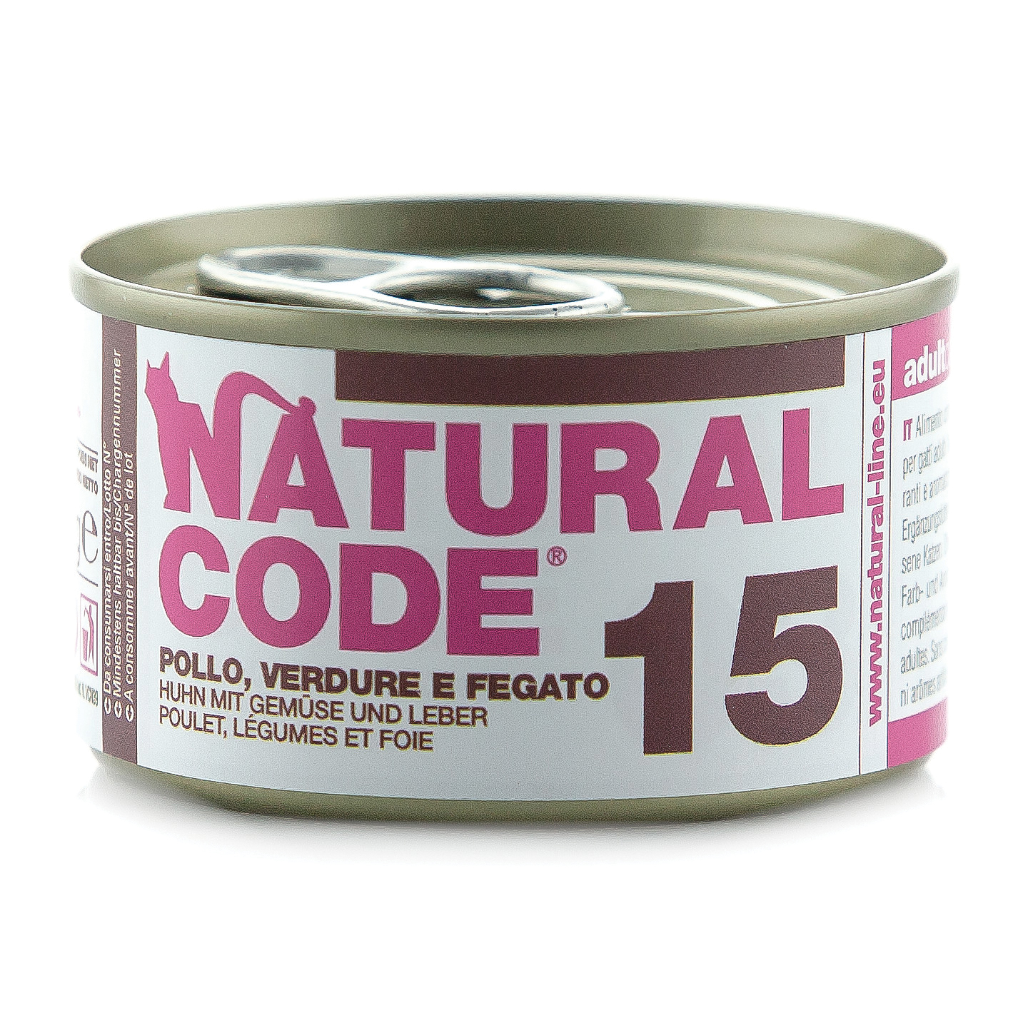 foto del prodotto gatto adulto, in lattina 85gr 15 pollo verdure fegato natural code