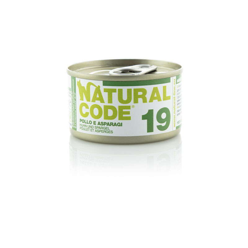 foto del prodotto gatto adulto, in lattina 85gr 19 pollo asparagi e riso natural code