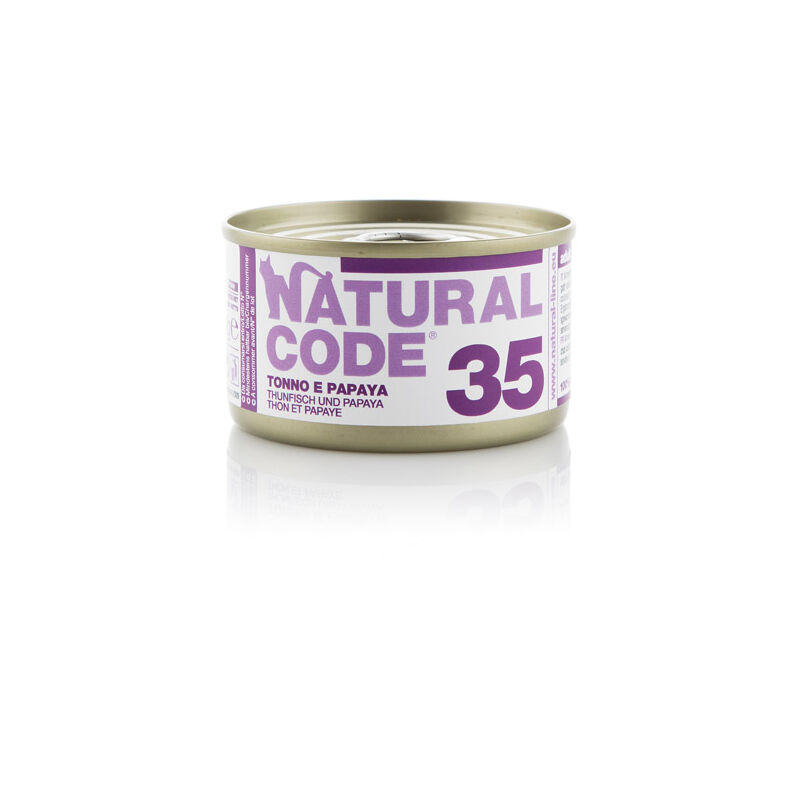 foto del prodotto gatto adulto, in lattina 85gr 35 tonno e papaya natural code