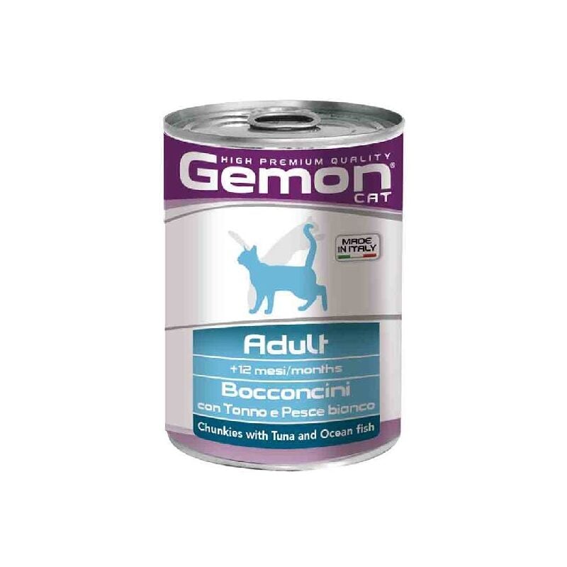 foto del prodotto gatto, bocconi in lattina 415gr adulto , tonno e pesce bianco gemon