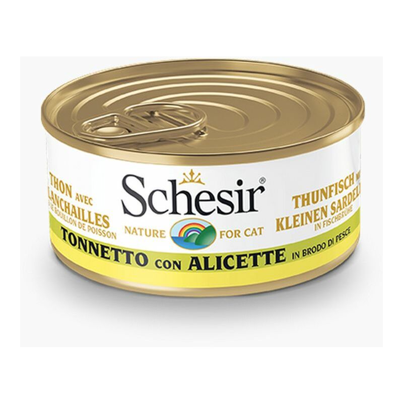 foto del prodotto gatto brodo lattina 70gr tonnetto con alicette in brodo di pesce schesir