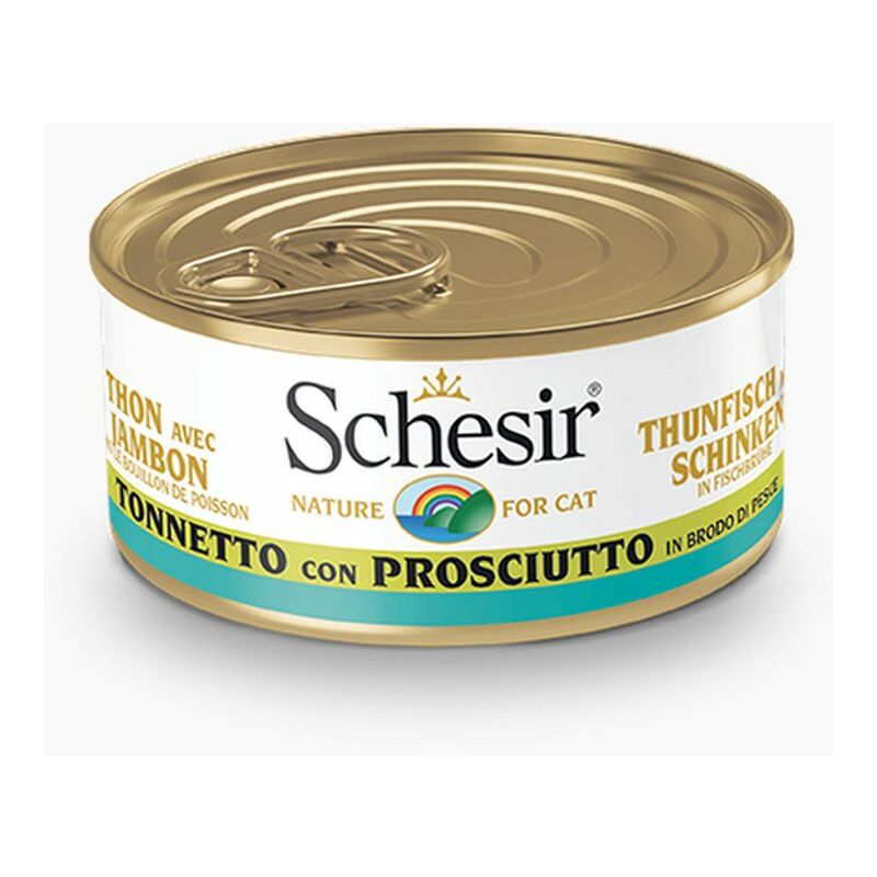 foto del prodotto gatto brodo lattina 70gr tonnetto con prosciutto in brodo di pesce schesir