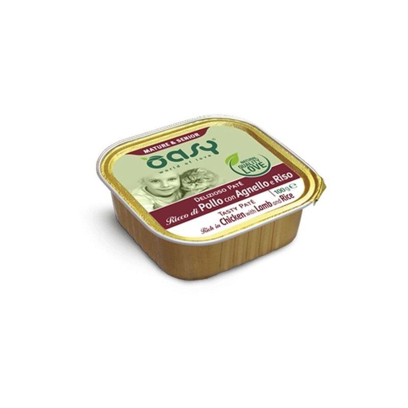 foto del prodotto gatto delizioso pat in vaschetta 100gr senior pollo e agnello oasy