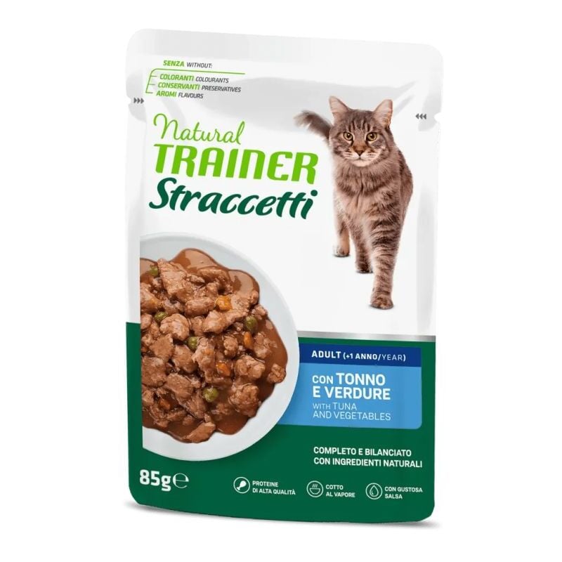 foto del prodotto gatto straccetti busta 85gr tonno e verdure trainer