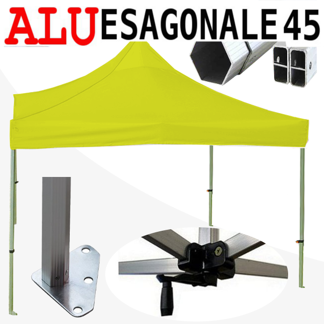 foto del prodotto gazebo 3x3 m giallo senza laterali pieghevole alluminio piantone esagonale 45mm portatile estendibile richiudibile estensibile acciaio per fiere eventi stand chiosco tenda tendone mercato mercatino