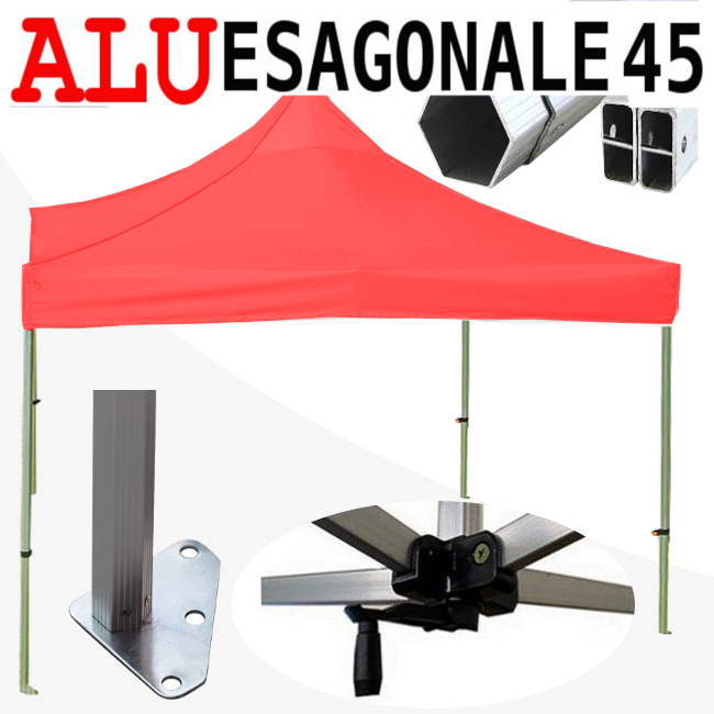 foto del prodotto gazebo 3x3 m rosso senza laterali pieghevole alluminio piantone esagonale 45mm portatile estendibile richiudibile estensibile acciaio per fiere eventi stand chiosco tenda tendone mercato mercatino