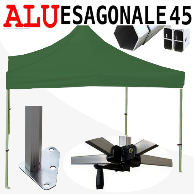 foto del prodotto gazebo 3x3 m verde senza laterali pieghevole alluminio piantone esagonale 45mm portatile estendibile richiudibile estensibile acciaio per fiere eventi stand chiosco tenda tendone mercato mercatino