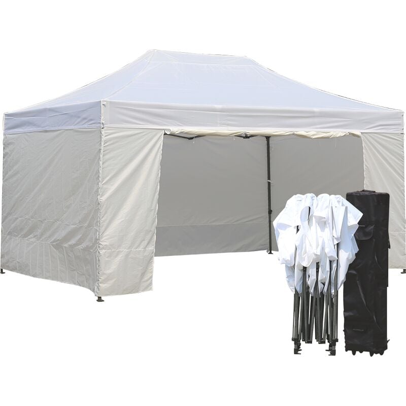 foto del prodotto gazebo 3x4,5 m bianco pieghevole portatile estendibile richiudibile estensibile acciaio con laterali per fiere eventi stand chiosco tenda tendone