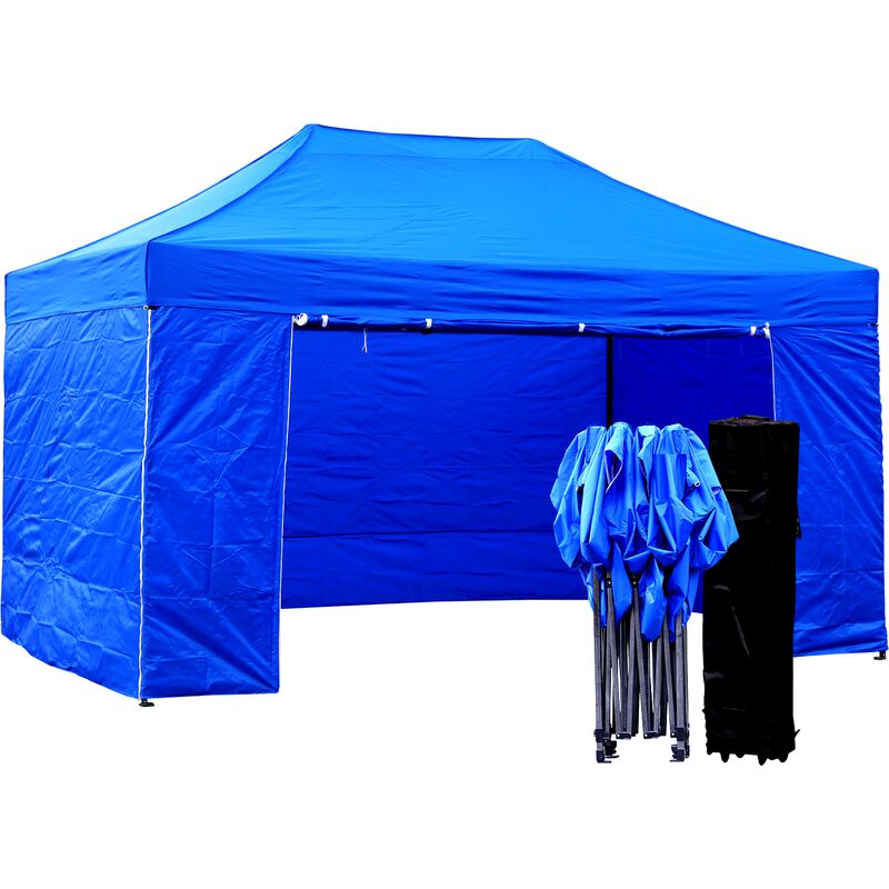 foto del prodotto gazebo 3x4,5 m blu pieghevole portatile estendibile richiudibile estensibile acciaio con laterali per fiere eventi stand chiosco tenda tendone