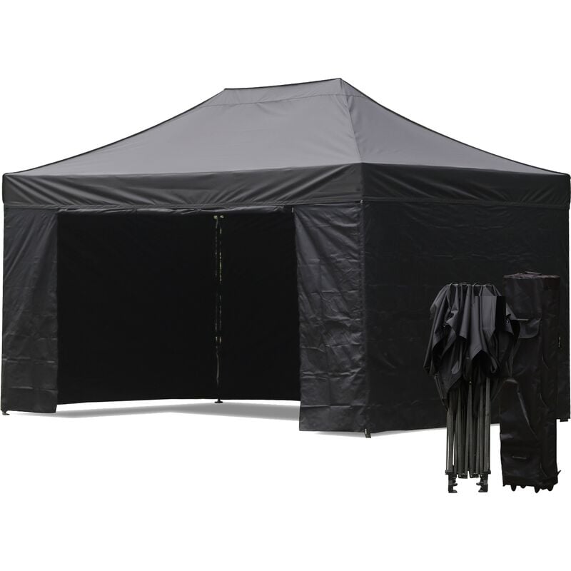 foto del prodotto gazebo 3x4,5 m nero pieghevole portatile estendibile richiudibile estensibile acciaio con laterali per fiere eventi stand chiosco tenda tendone