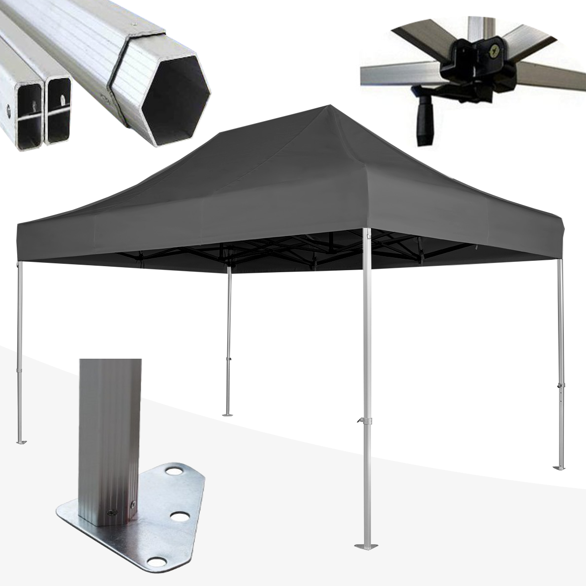 foto del prodotto gazebo 3x4,5 m nero senza laterali pieghevole alluminio piantone esagonale 45mm portatile estendibile richiudibile estensibile acciaio per fiere eventi stand chiosco tenda tendone mercato mercatino