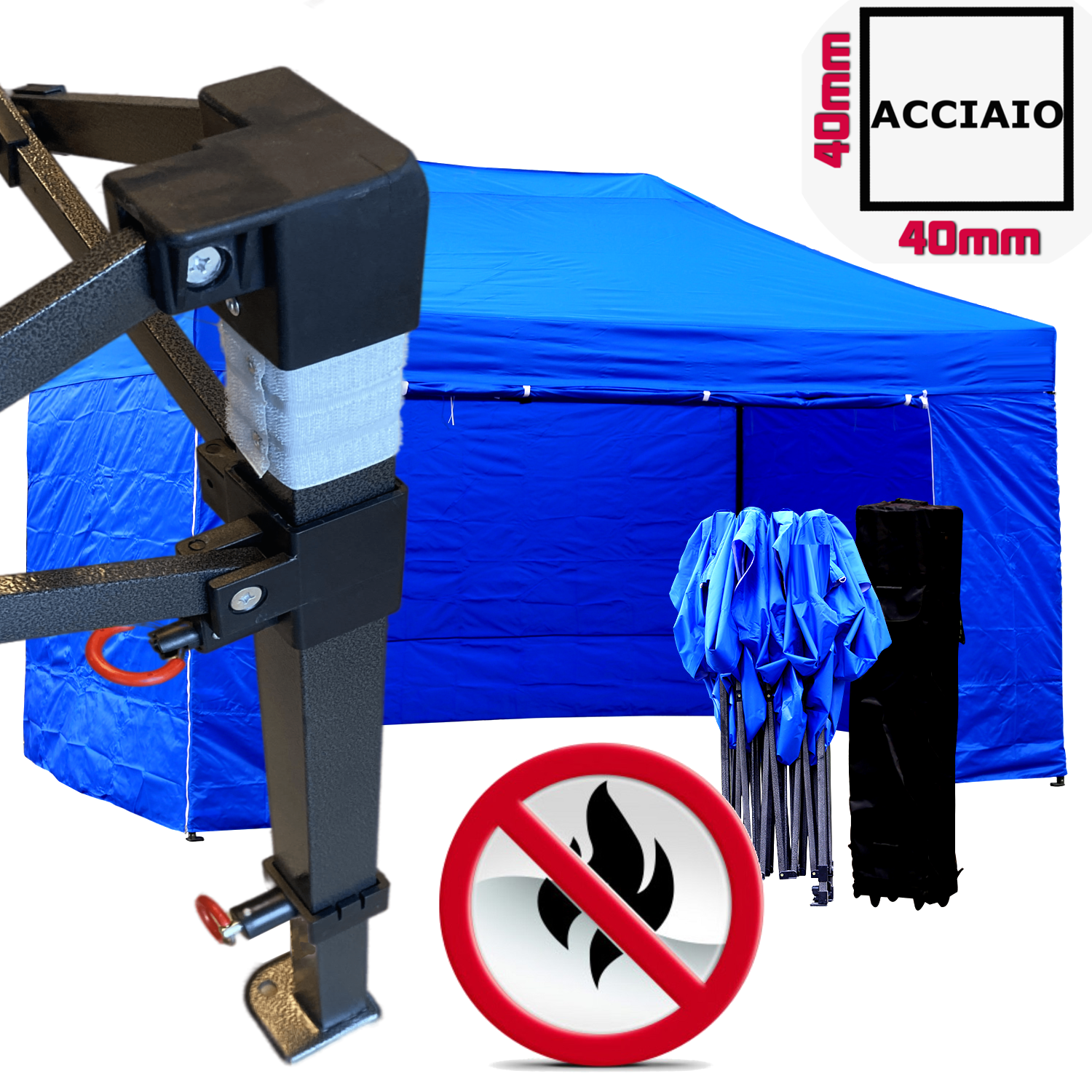 foto del prodotto gazebo 3x4,5m blu certificato ignifugo pieghevole portatile estendibile richiudibile estensibile acciaio con laterali per fiere eventi stand chiosco tenda tendone mercato mercatino
