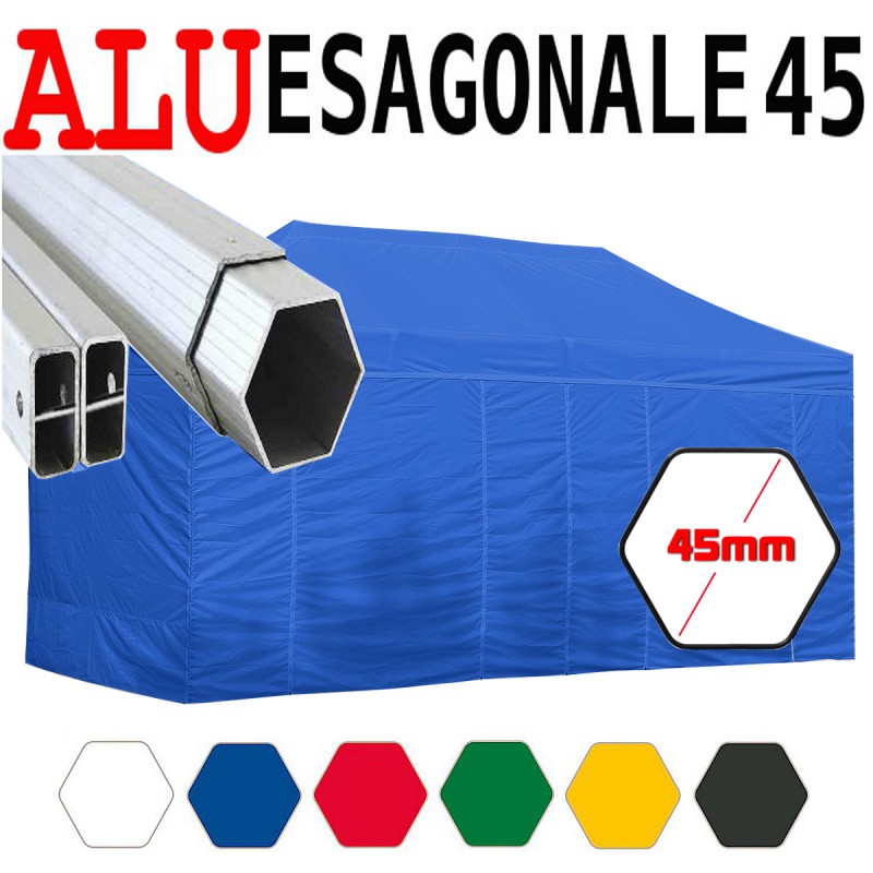 foto del prodotto gazebo 3x6 m blu pieghevole alluminio piantone esagonale 45mm portatile estendibile richiudibile estensibile acciaio con laterali per fiere eventi stand chiosco tenda tendone mercato mercatino