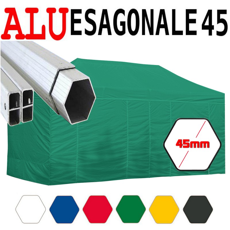 foto del prodotto gazebo 3x6 m verde pieghevole alluminio piantone esagonale 45mm portatile estendibile richiudibile estensibile acciaio con laterali per fiere eventi stand chiosco tenda tendone mercato mercatino