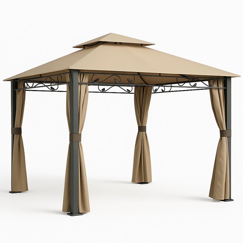 foto del prodotto gazebo arion 3x3 mt telo copertura pvc moka zanzariere laterali pali alluminio