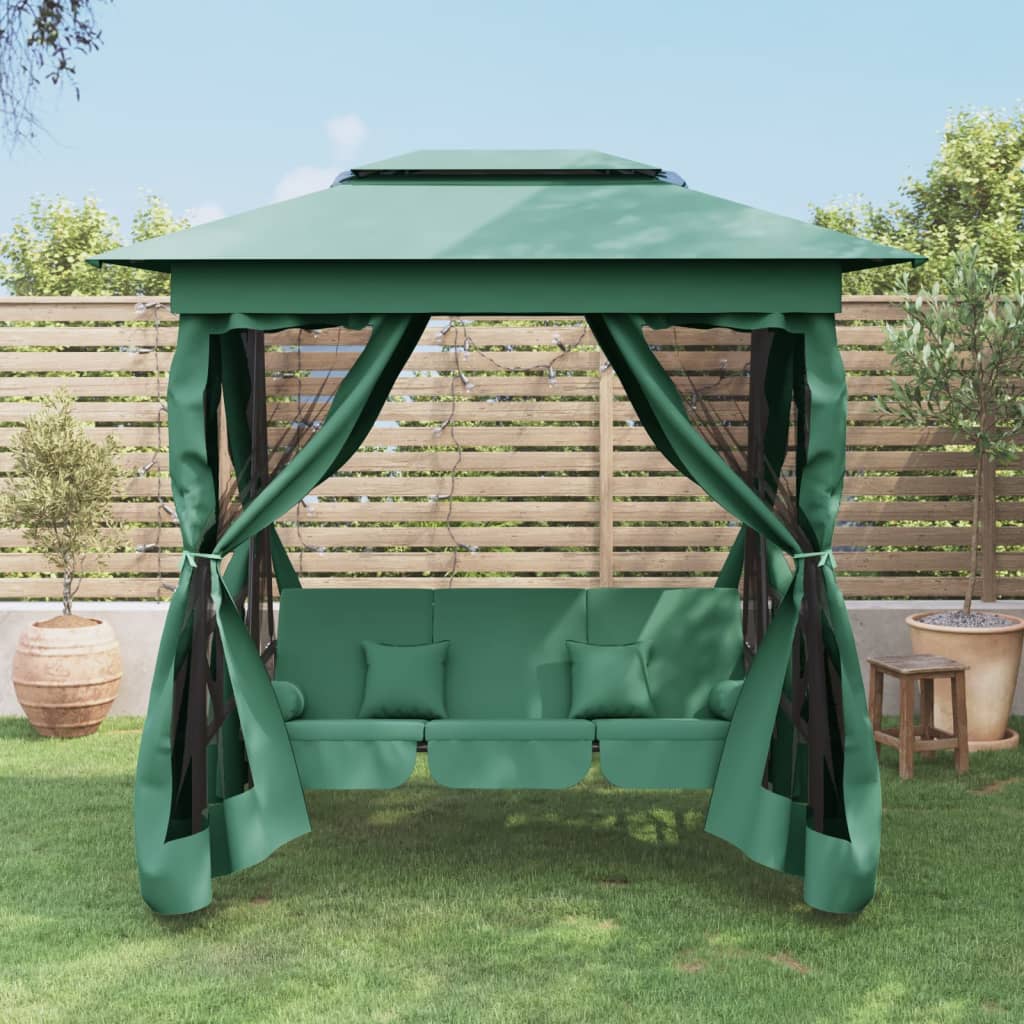 foto del prodotto gazebo con panca a dondolo convertibile verde tessuto e acciaiocod mxl 102397