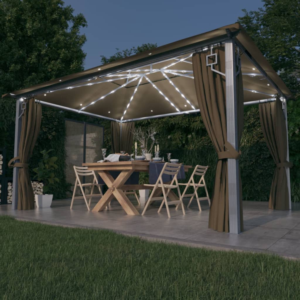 foto del prodotto gazebo con tende e luci led 400x300 cm grigio talpa alluminio vidaxl