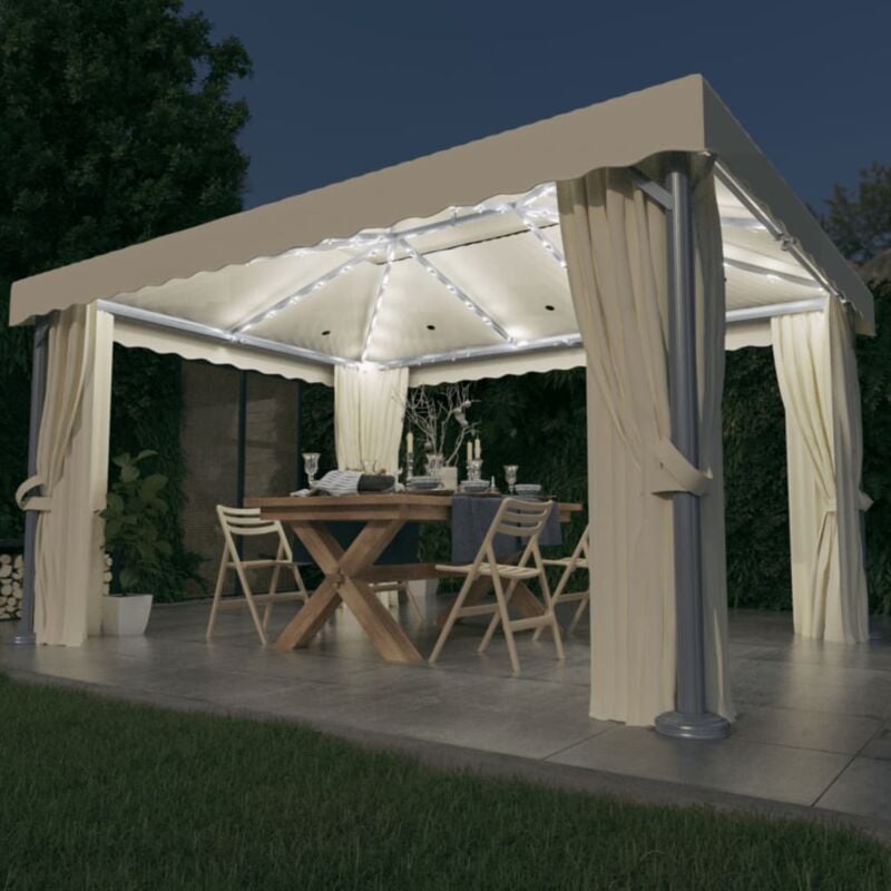 foto del prodotto gazebo con tende e stringa di luci led 4x3 m bianco crema