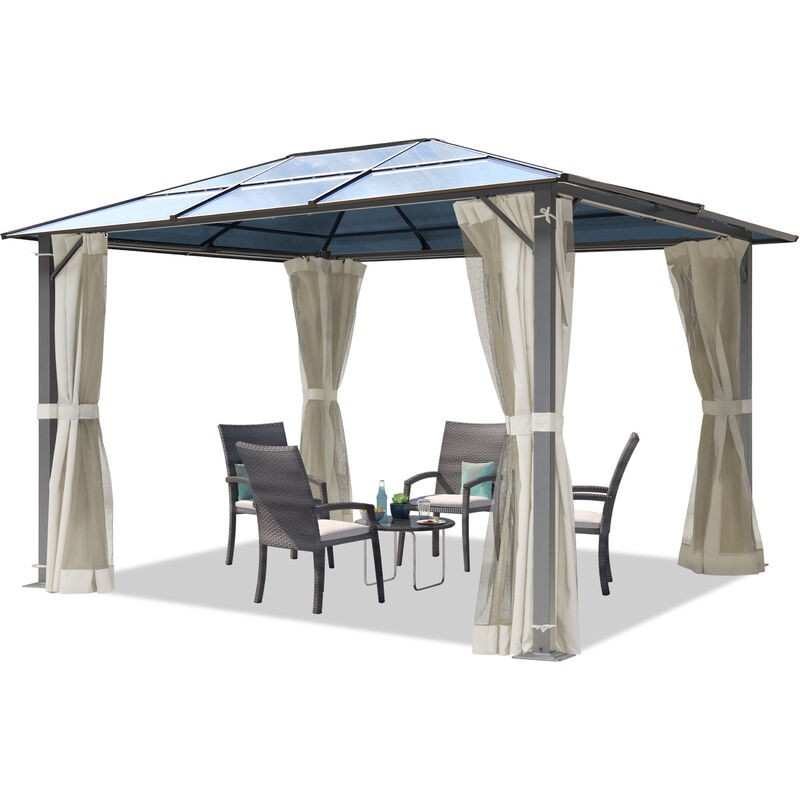 foto del prodotto gazebo da giardino 3x3,65 m tetto di policarbonato da ca. 6 mm con teli laterali e zanzariere in crema toolport