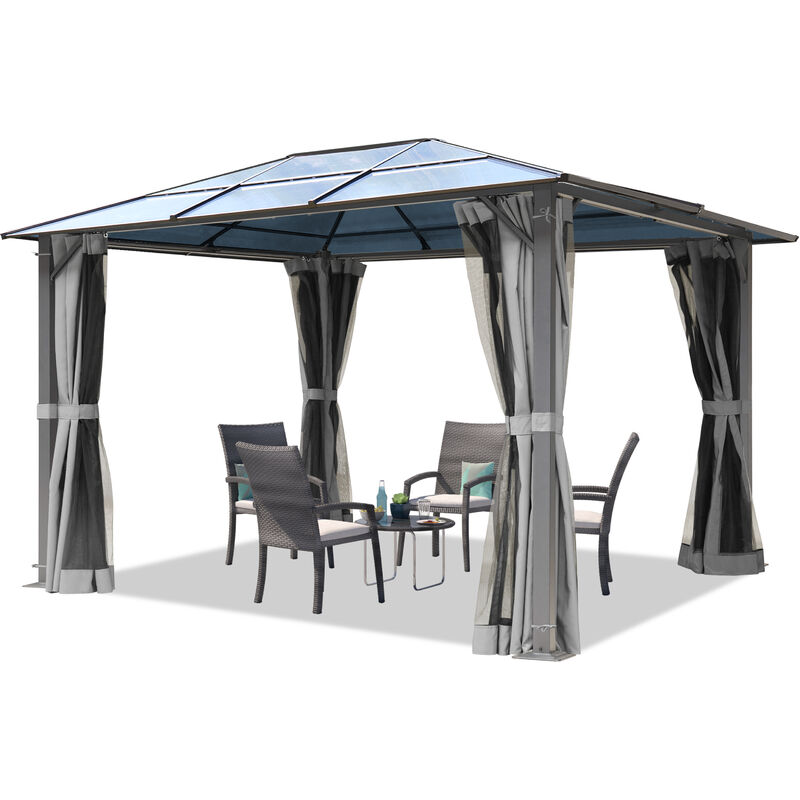 foto del prodotto gazebo da giardino 3x3,65 m tetto di policarbonato da ca. 6 mm con teli laterali e zanzariere in grigio toolport