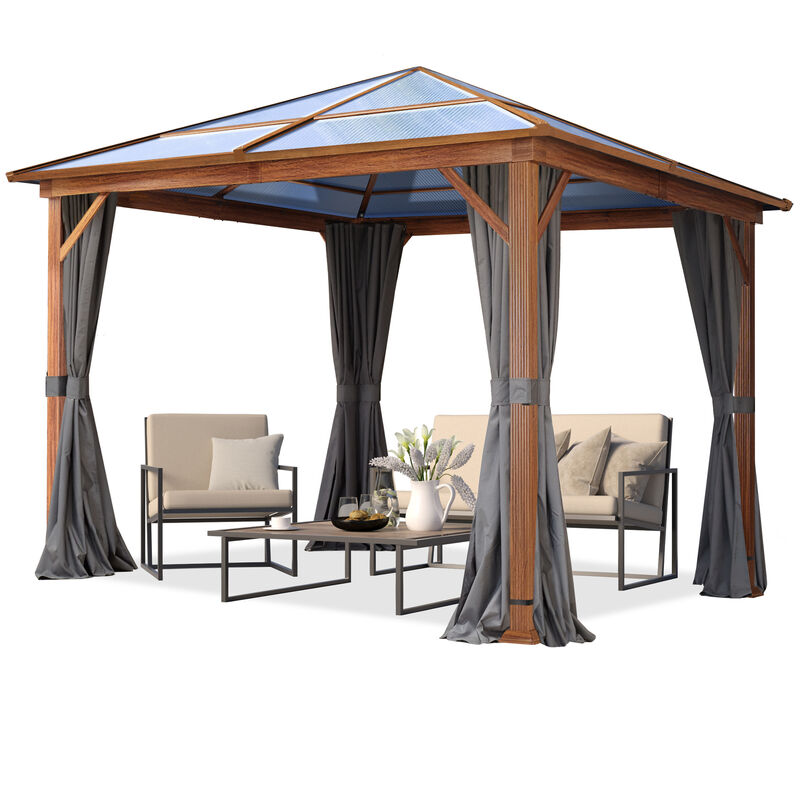 foto del prodotto gazebo da giardino 3x3 m look quercia, tetto ca. 8mm policarbonato, 4 teli laterali color grigio