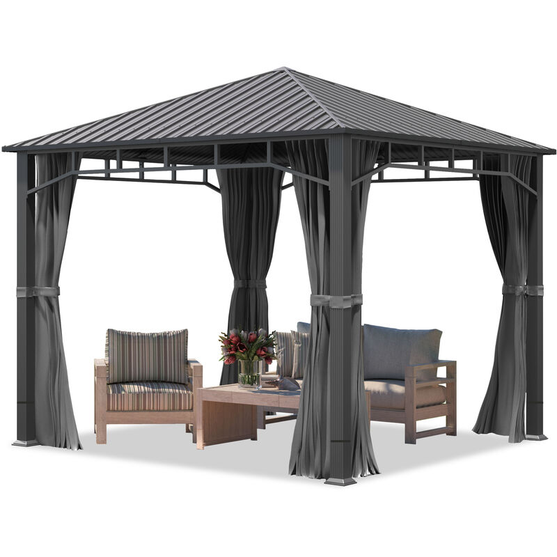 foto del prodotto gazebo da giardino 3x3 m tetto hardtop in acciaio 4 teli laterali color grigio, profilo ca. 90x90 mm