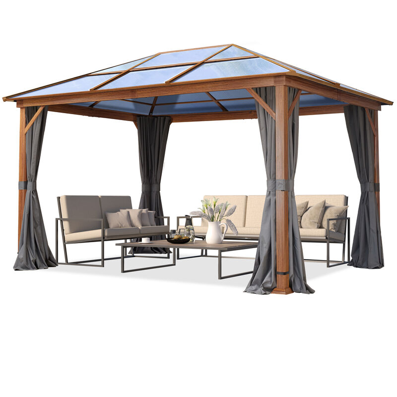 foto del prodotto gazebo da giardino 3x4 m look quercia, tetto ca. 8mm policarbonato, 4 teli laterali color grigio