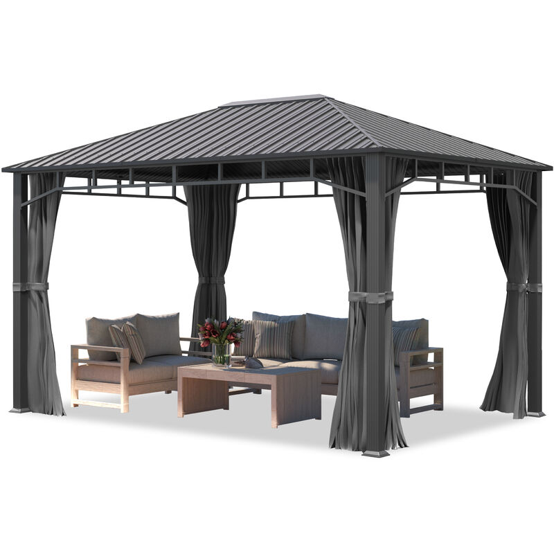 foto del prodotto gazebo da giardino 3x4 m tetto hardtop in acciaio 4 teli laterali color grigio, profilo ca. 90x90 mm