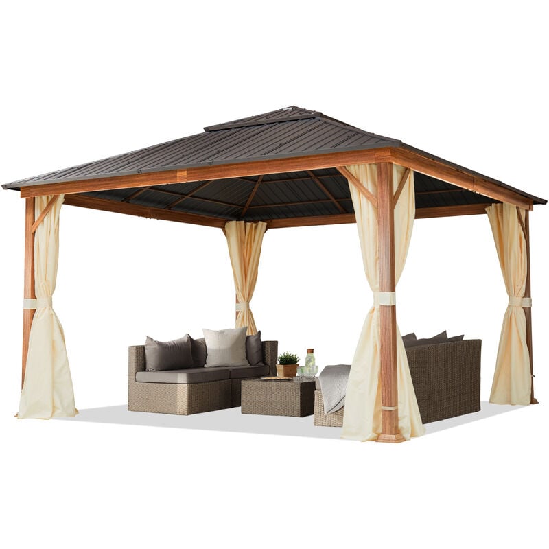 foto del prodotto gazebo da giardino 4x4 m look legno, tetto hardtop in acciaio, 4 teli laterali color crema