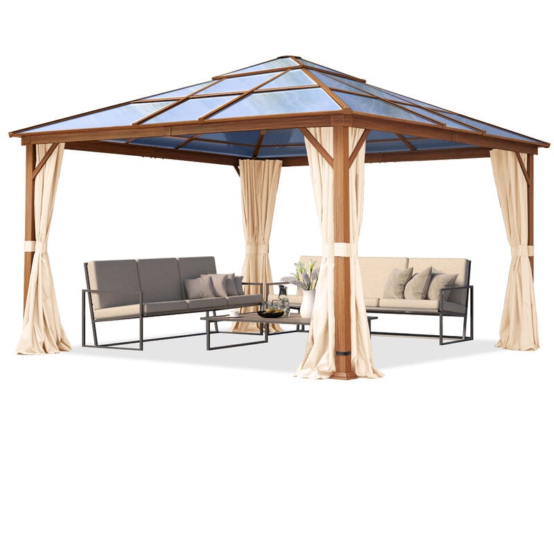 foto del prodotto gazebo da giardino 4x4 m look quercia, tetto ca. 8mm policarbonato, 4 teli laterali color crema