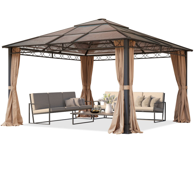 foto del prodotto gazebo da giardino 4x4 m tetto hardtop 6 mm policarbonato, 4 teli laterali color ocra