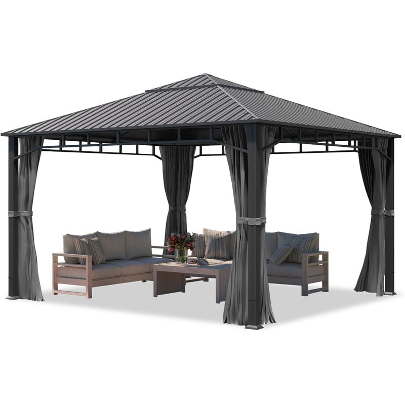 foto del prodotto gazebo da giardino 4x4 m tetto hardtop in acciaio 4 teli laterali color grigio, profilo ca. 90x90 mm