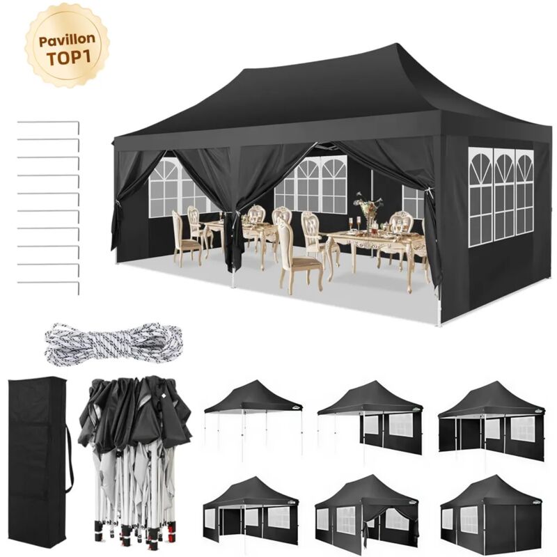 foto del prodotto gazebo da giardino pieghevole 3x6m protezione uv impermeabile, barnum pieghevole per matrimoni, picnic, mercati, campeggio con 6 pareti laterali