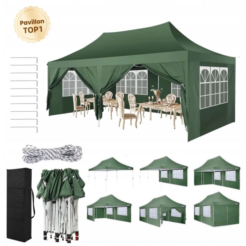 foto del prodotto gazebo da giardino pieghevole 3x6m protezione uv impermeabile, barnum pieghevole per matrimoni, picnic, mercati, campeggio con 6 pareti laterali