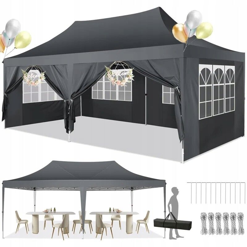 foto del prodotto gazebo da giardino pieghevole 3x6m protezione uv impermeabile, barnum pieghevole per matrimoni, picnic, mercati, campeggio con 6 pareti laterali
