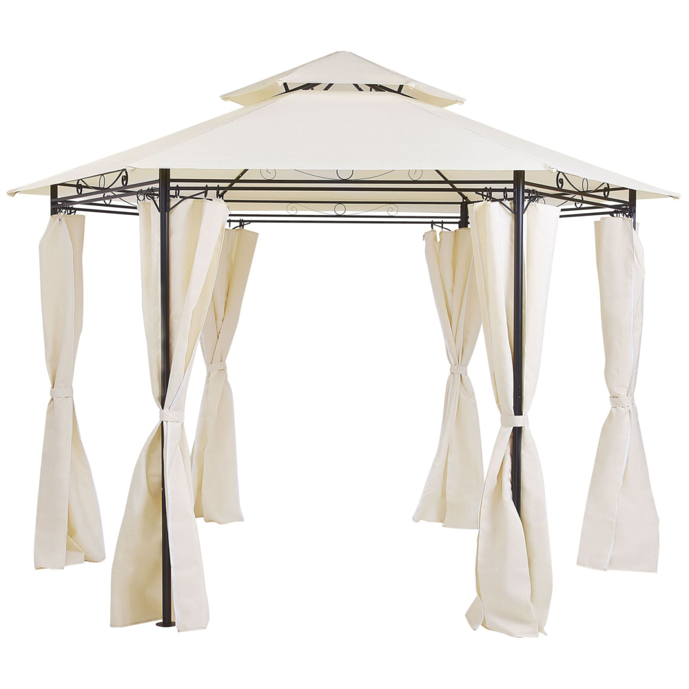 foto del prodotto gazebo da giardino tende in poliestere beige struttura in metallo nero mobili da giardino resistente ai raggi uv