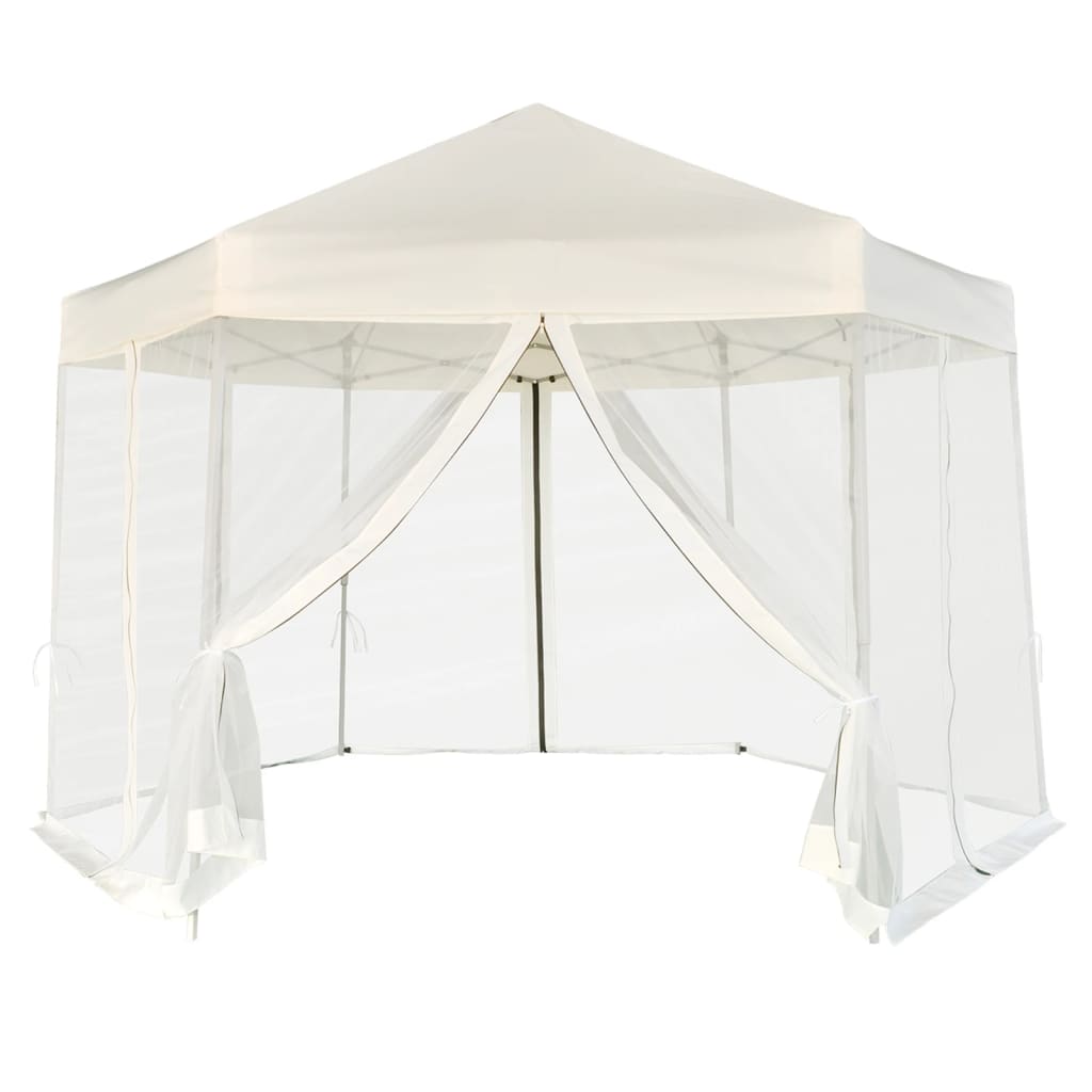 foto del prodotto gazebo esagonale pop-up con 6 pareti bianco crema 3,6x3,1 m