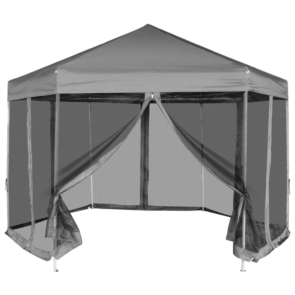 foto del prodotto gazebo esagonale pop-up con 6 pareti grigio 3,6x3,1 m