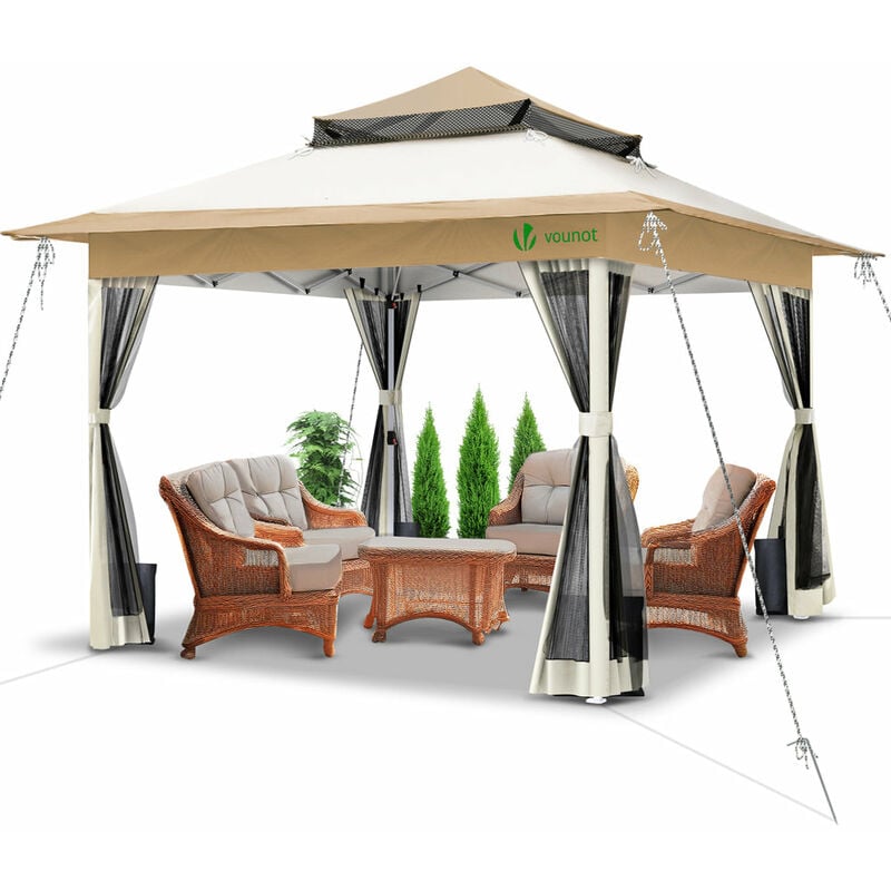 foto del prodotto gazebo giardino 3.6x3.6m pieghevole con pareti laterali in rete, tenda per feste pop up, beige vounot