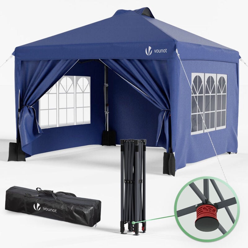 foto del prodotto gazebo giardino 3x3m pieghevole con 4 pareti laterali, tenda per feste sistema di clic pop up con borsa di trasporto, blu vounot