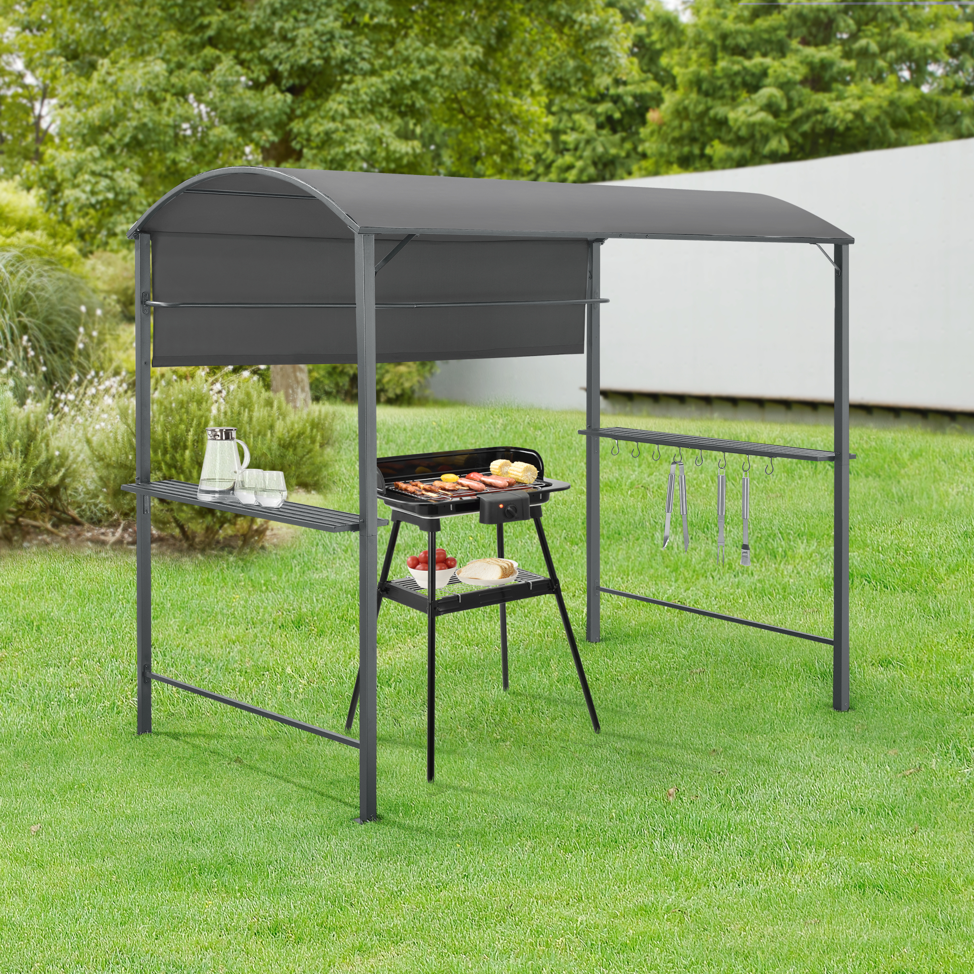 foto del prodotto gazebo per barbecue con 2 mensole e ganci 215x220x140 cm copertura riparo da giardino per griglia con tenda